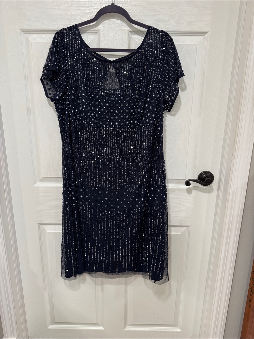 Adrianna Papell Navy Beaded Short Sleeve Cocktail Dress